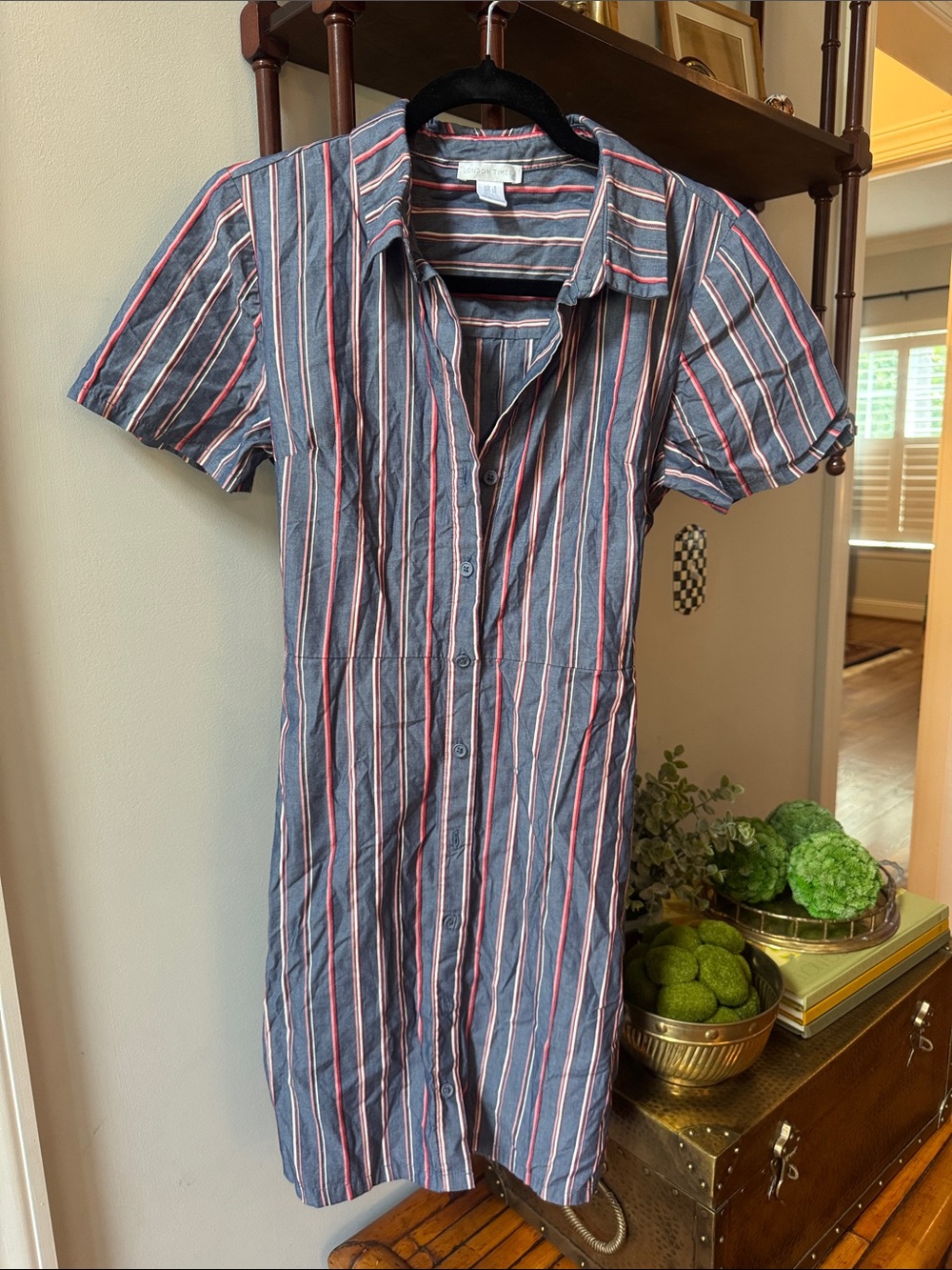 London Times Blue Short-Sleeve Button-Front Stripe Shirt Dress
